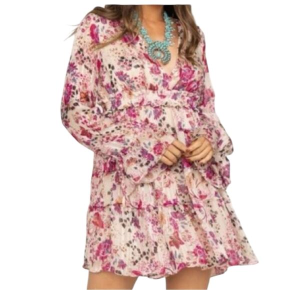 Free People Long Sleeve Floral Mini Dress Deep V Neck Size Medium - Picture 2 of 8